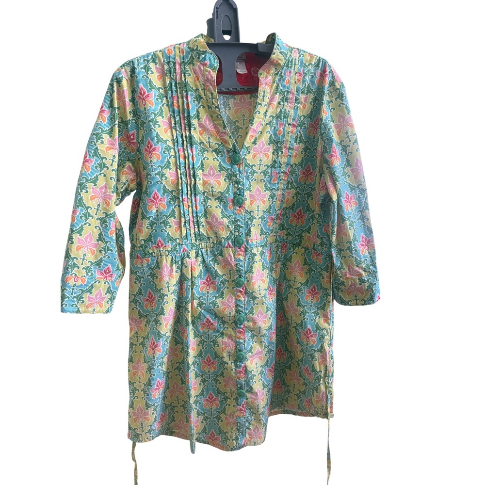 Matilda Jane Women Green Pink Floral Damask Pintuck Button Front Tunic Top S
